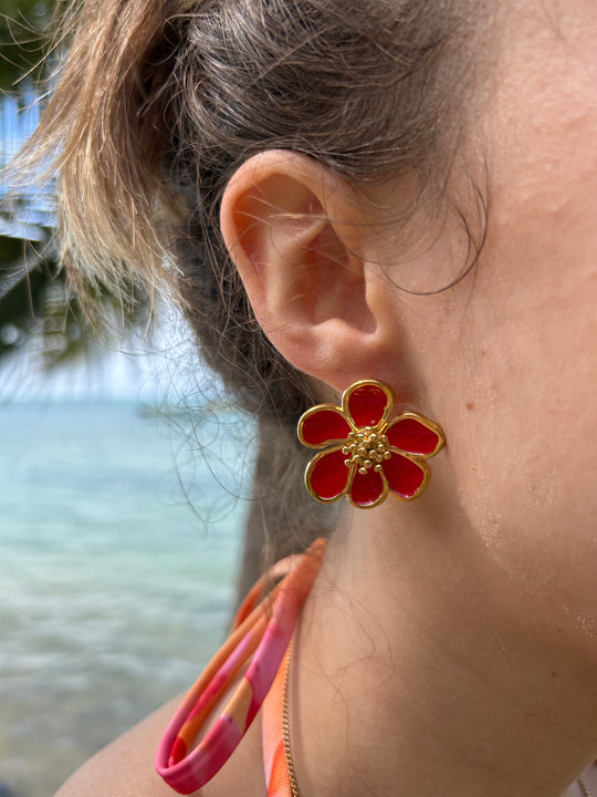 Boucles d'oreilles fleurs rouges