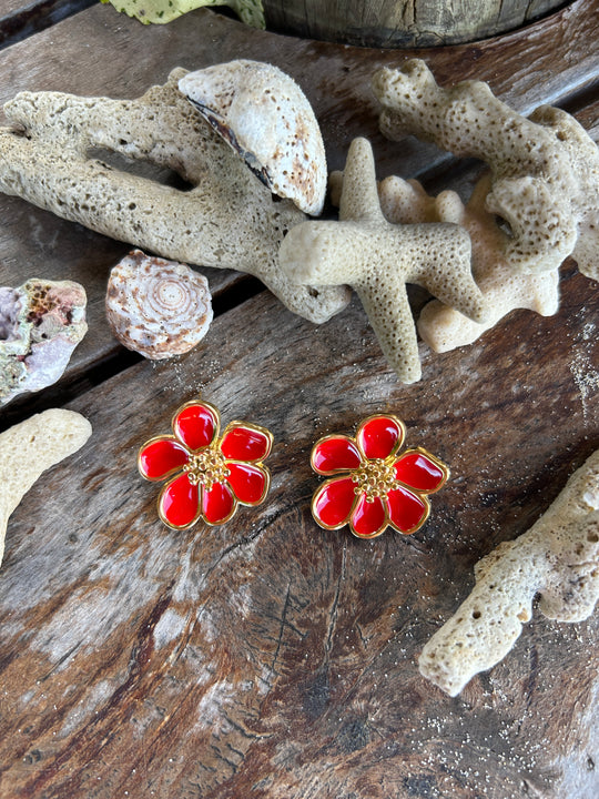 Boucles d'oreilles fleurs rouges