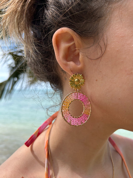 Boucles d'oreilles avec perles oranges et roses